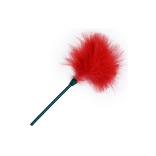 Червоний помпон з пір’їн та пластиковою ручкою