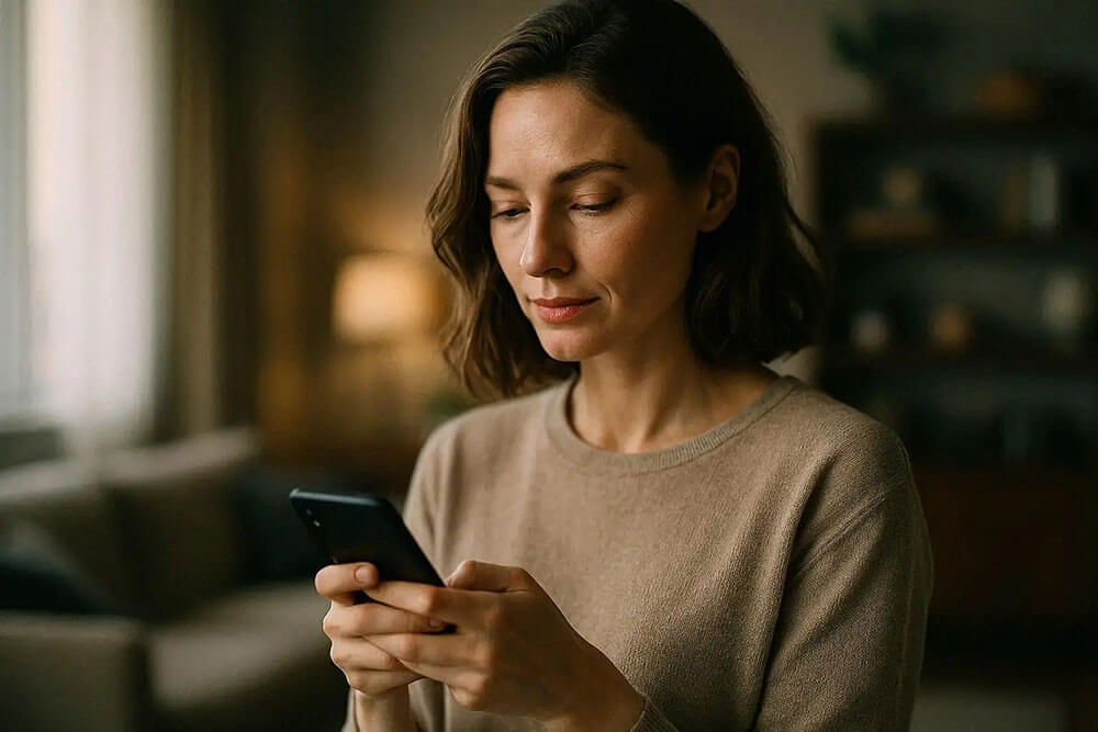 жінка пише на телефоні повідомлення чоловіку